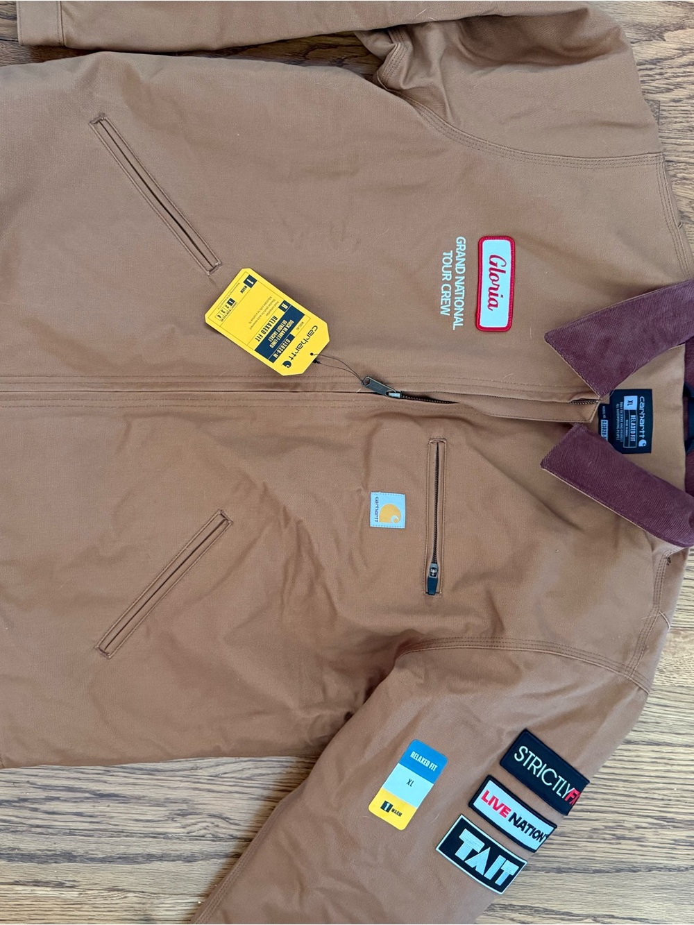Carhartt Brown Bomber Jacket with Burgundy Collar and Patch Accents
